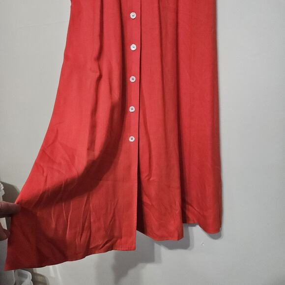 Vtg Linen Midi Dress Womens 11 Coral Button Up Modest Cottagecore Teacher Boho - Picture 3 of 8